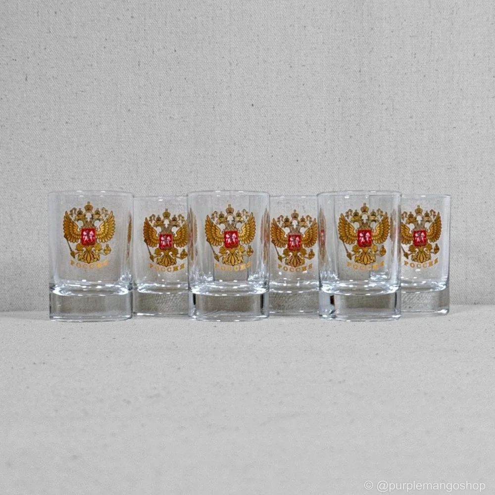 VINTAGE Russian Vodka Shot Glasses 🇷🇺 Gold Double Eagle Crest Barware | 6 PCS.